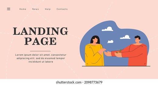 Man proposing to woman. Flat vector illustration. Male character putting wedding ring on happy female person, asking about marriage. Family, proposal, marriage, wedding, tradition concept for design
