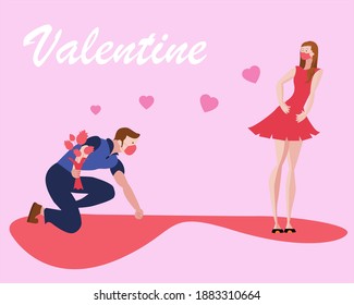 A man is proposing to a woman, and he wears a mask to prevent the virus on Valentine day