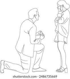 Man proposing to a woman, man proposing to the woman kneeling Hand drawn in thin line style vector illustration