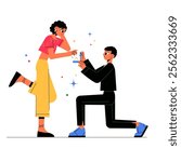 Man Proposing To A Woman With A Ring In Flat Vector Illustration Symbolizing Love, Romance, And Marriage Proposal, Isolated On White Background