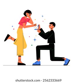 Man Proposing To A Woman With A Ring In Flat Vector Illustration Symbolizing Love, Romance, And Marriage Proposal, Isolated On White Background