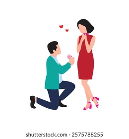 Man proposing to woman, Romantic lovely valentine's day vector illustration. Couples in Love. Loving Relations, Togetherness. Man and Woman Proposal, Ring Engagement. Cartoon Flat Vector illustration.