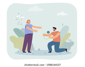 Man proposing to woman vector illustration. Male character standing on one knee giving wedding ring to happy smiling female. Proposal, marriage concept for banner, website design, landing web page