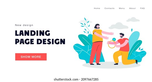 Man proposing to woman vector illustration. Male character standing on one knee giving wedding ring to happy smiling female. Proposal, marriage concept for banner, website design, landing web page