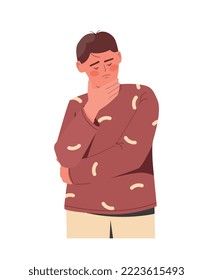 Man props head up with his hand. Emotions, gestures and facial expressions. Sticker for social networks and reaction for messengers. Upset and sad young guy. Cartoon flat vector illustration