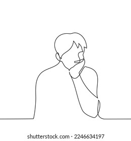 man props up his head with his hand he is in gloomy thoughtfulness - one line drawing vector. concept unpleasant thoughts, despondency, apathy