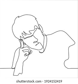 man props his temple with his index finger, he thinks intensely - one line drawing. Face line art, concept of thinking, decision making, brainstorming,