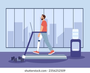 Hombre con prótesis en el concepto de gimnasio. Joven en la cinta de correr. Estilo de vida activo y deporte. Fitness y entrenamiento, entrenamiento cardiovascular. Carácter con discapacidad. Dibujo vectorial plano de dibujos animados
