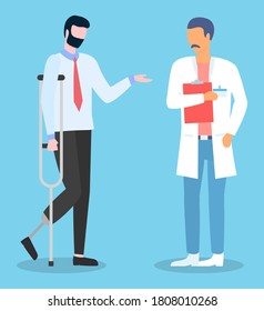 Man with prosthesis instead of leg talking with doctor. Patient with crutches ask advice in physician. Disabled man have meeting with rehabilitologist. Handicapped man talking with medical specialist