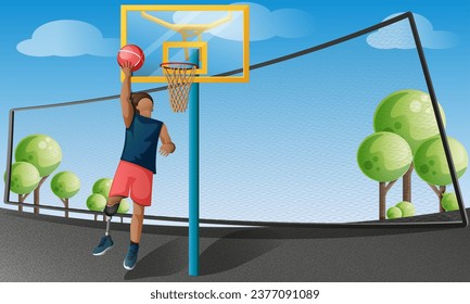Man with prosthesis on the basketball court. Disabled man with prosthetic leg plays basketball. Disabled technology and lifestyle