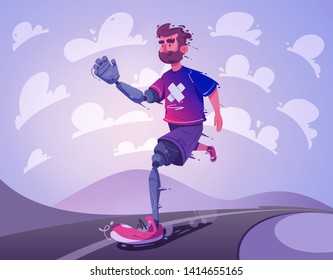 Man with a prosthesis is running. Sport concept. Cartoon vector illustration. Disabled person. Character design. Sportsman with a mechanical leg and arm