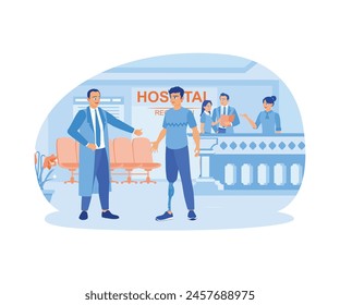 A man with a prosthesis visits the hospital. The doctor welcomes them in the hospital lobby. Hospital receptionist concept. Flat vector illustration.