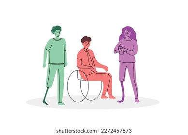 Un hombre con prótesis, una mujer con prótesis y un hombre en silla de ruedas pasan tiempo juntos. Adaptación de personas con discapacidad. El concepto de inclusión, diversidad e igualdad