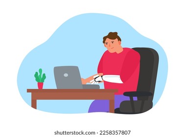 man with prosthetic arm bionic hand using laptop working internet at home vector illustration