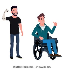 A man with a prosthetic arm and a man in a modern wheelchair
