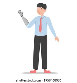 Man With Prosthetic Arm Vector Isolated. Bionic Limb, Amputee Male Person. Concept Of People With Disability. Happy Handsome Man In Suit Standing.