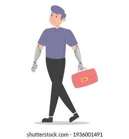 Man with prosthetic arms vector isolated. Bionic limbs, amputee male person. Concept of people with disability. Happy handsome man walking with artificial arms.