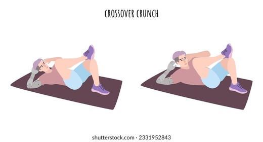 Man with a prosthetic hand doing crossover crunch exercise. Inclusive workout for people with disabilities. Sport, wellness, workout, fitness. Flat vector illustration