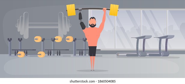 A man with a prosthetic hand raises a barbell. A disabled person is engaged in a sports hall. The concept of human recovery through robotization. Vector.
