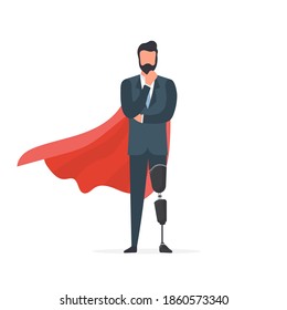 A man with a prosthetic leg in a business suit and a red cloak. Guy with a leg implant. The concept of human recovery through robotization. Vector.