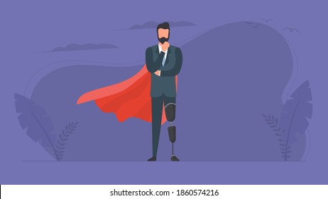 A man with a prosthetic leg in a business suit and a red cloak. Guy with a leg implant. The concept of human recovery through robotization. Vector. svg