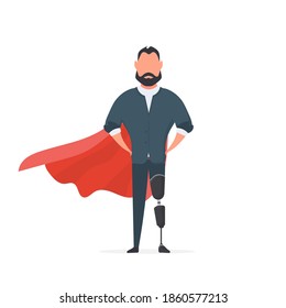 A Man With A Prosthetic Leg In A Business Suit And A Red Cloak. Guy With A Leg Implant. The Concept Of Human Recovery Through Robotization. Vector.