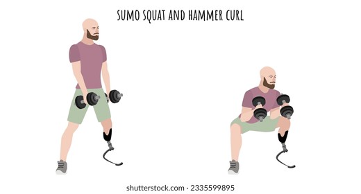 Mann mit Prothesen, der Sumo-Squat und Hammer-Curl-Übungen macht. Inklusives Training für Menschen mit Behinderungen. Sport, Wellness, Training, Fitness. Flache Vektorgrafik