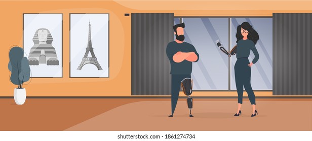 A man with a prosthetic leg and a girl with a prosthetic hand. Special needs concept. Vector.