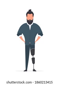 A man with a prosthetic leg. Guy with a leg implant. Isolated. Vector.