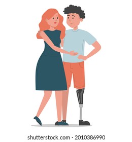 Man with prosthetic leg hugs woman vector isolated. Romantic couple, wife and husband. Happy person with disability.