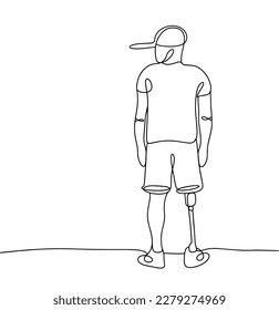 A man with a prosthetic leg. Person with disabilities. social problem. A person with special needs. One line drawing. International Day of Disabled Persons. Vector illustration