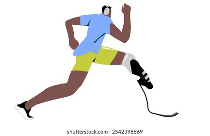 Hombre con pierna protésica corriendo. Atleta, persona con discapacidad haciendo deporte, entrenamiento cardiovascular, trotar. Corredor activo, corredor con prótesis. Ilustración vectorial plana aislada sobre fondo blanco