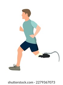 A man with a prosthetic leg is running down the street. Flat style. 