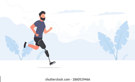 A Man With A Prosthetic Leg Is Running. Vector.