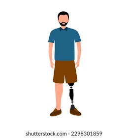 Man with prosthetic leg is standing in flat design on white background.