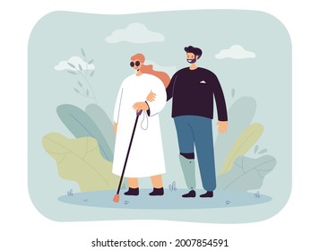 Man with prosthetic leg walking with blind woman. Flat vector illustration. Girl in dark glasses with cane walking arm in arm with disabled person. Disability, health, prosthetics, help concept