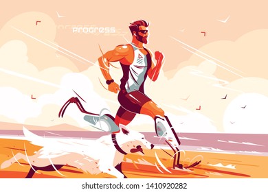 Man with prosthetic legs running on seashore vector illustration. Jogging athlete with prostheses and dog flat style design. People with disabilities and healthy lifestyle concept