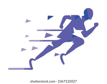 Man with prosthetic legs running vector illustration. Running athlete with prosthetics and flat style design with geometric shapes. Concept of disabled people and healthy lifestyle.