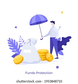 Man protect dollar coins and money bag with umbrella. Concept of funds protection, security of capital or financial assets, secure investment. Modern flat colorful vector illustration for banner.