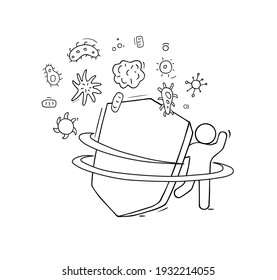 Man protect himself from bacteria. Cartoon illustration vector, corona virus prevention, man use shield for protection from any virus.