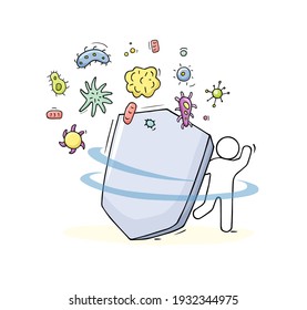 Man protect himself from bacteria. Cartoon illustration vector, corona virus prevention, man use shield for protection from any virus.