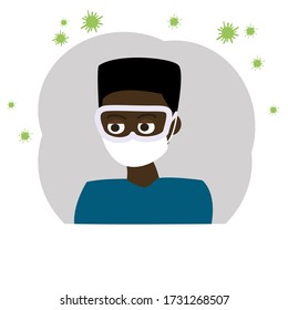 Der Mensch schützt sich vor Viren.  Gesichtsmaske und Brille als Vorbeugung gegen die Epidemie. Vector flache Illustration mit Coronavirus Bakterienhintergrund für Profil Icon, Banner, Poster, Avatar.