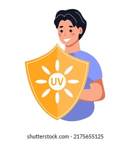 Hombre protegido por la pantalla de vídeo de la luz ultravioleta. Protección UV para la piel. Usando loción de protector solar. Ilustración vectorial aislada.