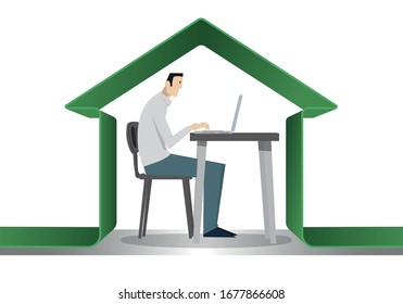 Man protected under a green home to avoid coronavirus danger. Self quarantine. Smart Working Concept. 