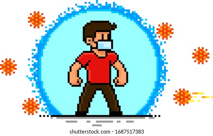 Man Protected from Virus. Personal hygiene concept. Pixel Art illustration isolated on white