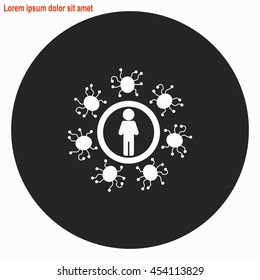 Man protected from virus web icon. Gray circle button with white illustration.