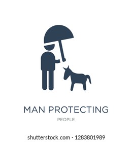 man protecting a dog with an umbrella icon vector on white background, man protecting a dog with an umbrella trendy filled icons from People collection