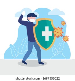 Mann, der sich mit einem Schild auf weißem Hintergrund schützt, bunter Design, Vektorillustration-Illustration