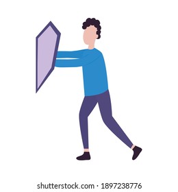 man protecting himself from covid with a shield over white background, colorful design, vector illustration