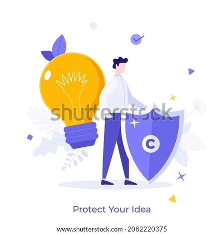 Man protecting lightbulb with shield with copyright symbol on it. Concept of protection of author's idea or intellectual property rights. Modern flat colorful vector illustration for banner, poster.